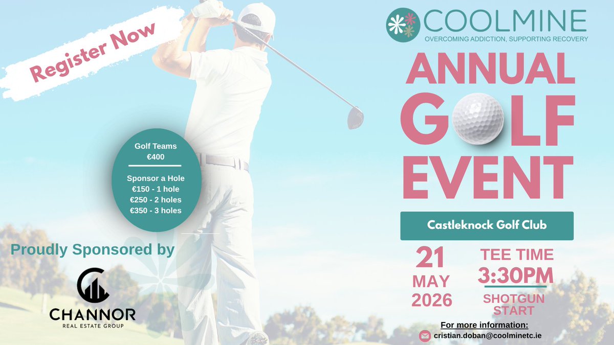 CoolmineTC's tweet image. ⛳ Register now for Coolmine’s Annual Golf Event 2026 💜

📍 Castleknock Golf Club
📅 21st May | 3:30pm shotgun start

Can’t play? Sponsor a tee!

👉 register.idonate.ie/coolmine-annua…

#Coolmine #GolfEvent #RecoveryIsPossible