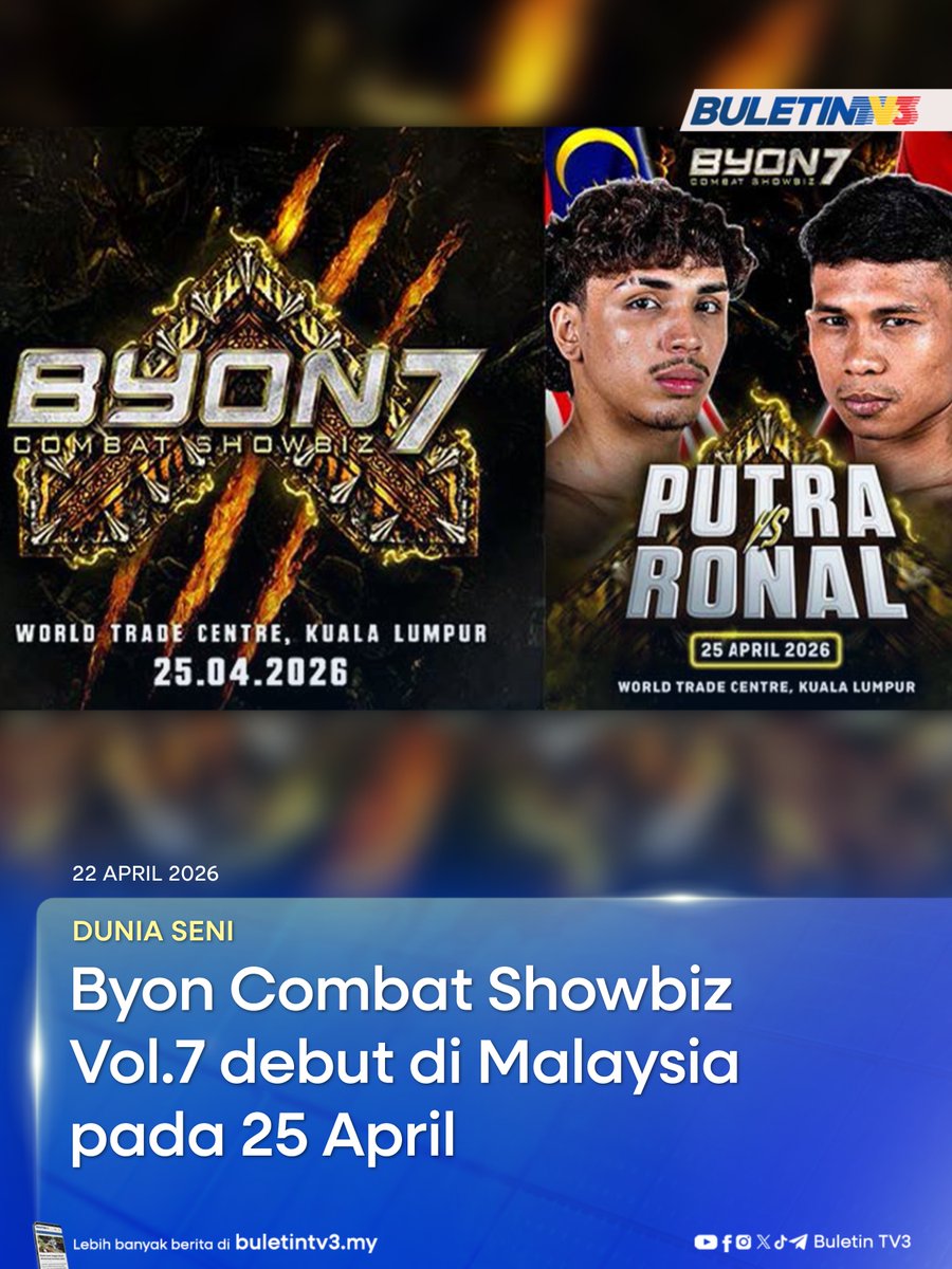 BuletinTV3's tweet image. DUNIA SENI | Byon Combat Showbiz Vol. 7, bakal membuat debut antarabangsa di Kuala Lumpur pada 25 April ini.

#BuletinTV3 #ByonCombatShowbiz #Indonesia

Berita penuh di bit.ly/4dXM9qE