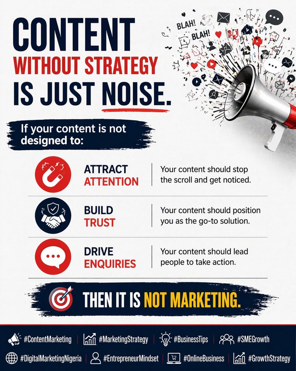 Latoma234's tweet image. Content without strategy is just noise. 

If your content is not designed to: 

attract attention 
build trust 
drive enquiries 

Then it is not marketing. 
#ContentMarketing #MarketingStrategy #BusinessTips #SMEGrowth #DigitalMarketingNigeria #EntrepreneurMindset #OnlineBusiness