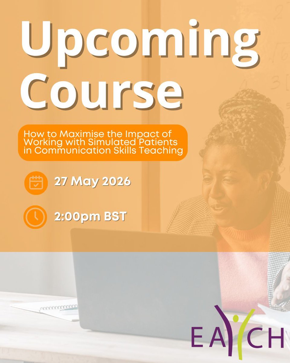 EACH_com's tweet image. 👀 Have you signed up to our upcoming course?

📅 27 May 2026
🕑 2:00pm BST
📍 Online
📝  How to Maximise the Impact of Working with Simulated Patients in Communication Skills Teaching

🔗 each.international/calendar/hcer-… 

#HealthcareCommunication #EACH