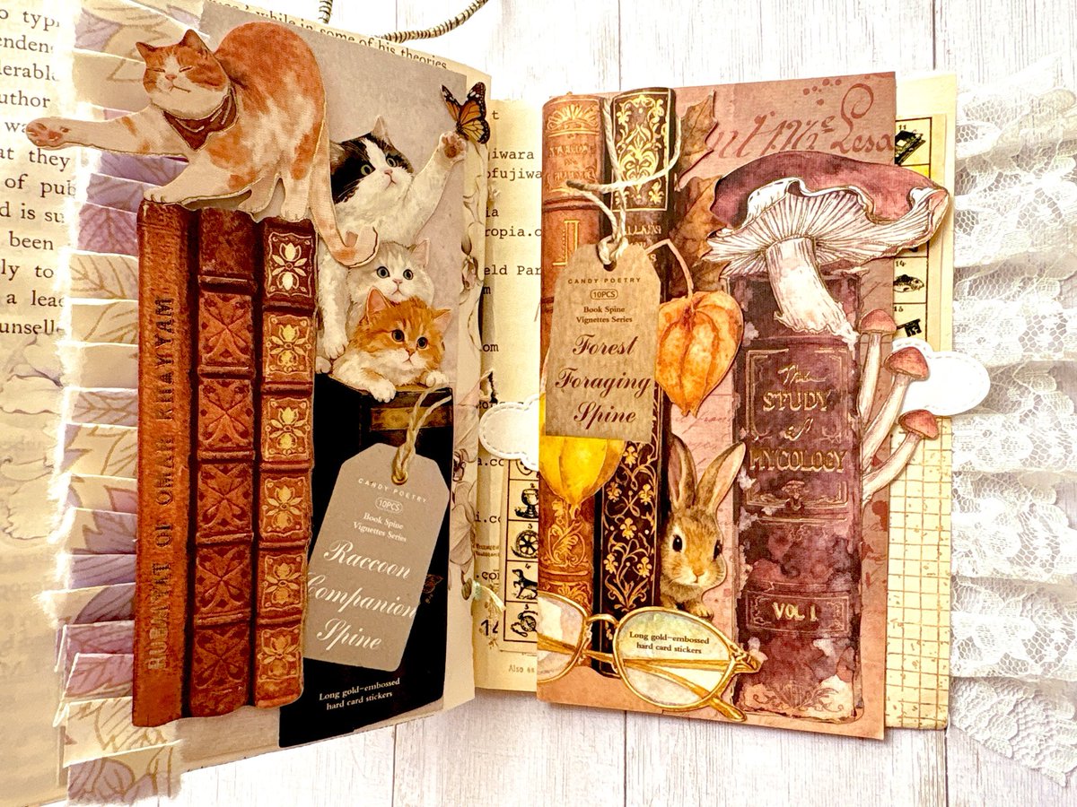 jackrabbit_mash's tweet image. 昨日写真上げたアリの買い物コラージュ①
このね、本の背表紙のステッカー、厚手だしレーザーカットが49and market 並にめちゃくちゃ繊細だし絵柄も可愛いの！1枚ずつしか入ってないから気軽に使えないけど！
 #collage #コラージュ