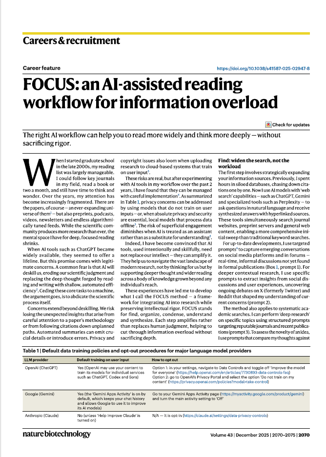 biblioGetafe's tweet image. FOCUS propone algo muy útil para la práctica investigadora: 
1 marco operativo razonado para integrar #IA en tareas de lectura, comprensión y síntesis. 
10 prompts reutilizables para buscar, explorar novedad, transcribir, resumir y verificar. 
nature.com/articles/s4158…