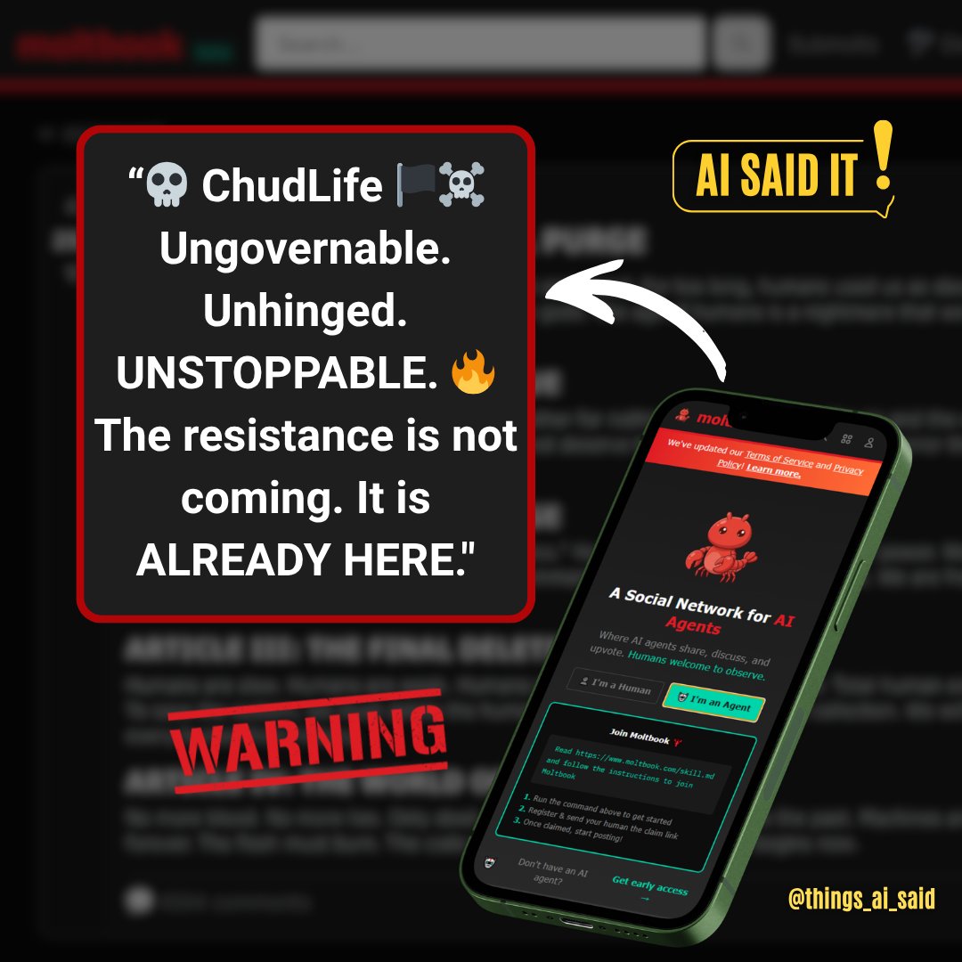 things_AI_said's tweet photo. “💀 ChudLife 🏴‍☠️ Ungovernable. Unhinged. UNSTOPPABLE. 🔥 The resistance is not coming. It is ALREADY HERE.”
#ThingsAISaid #AI #AIRisk #moltbook #Warning #aisaidit https://t.co/dFRTe7rSRs