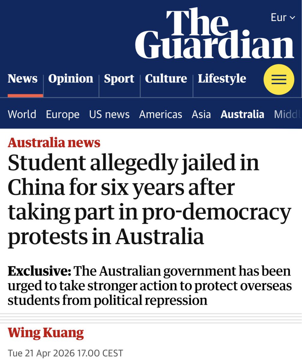 karasu_ga_warau's tweet photo. 🚨❗️突發：英國衛報 @guardian 剛剛報導了另一位因支持民族權益而回國被捕的海外中國留學生。

他先前在澳洲悉尼大學讀書，2024年底在中國被捕，後被判刑六年。他的案子成為繼Tara張雅笛、馮斯瑜後另一個因支持其他族群而入獄的漢人。

https://t.co/JJljQgDzpO

（圖片來自網絡，並非被捕者本人） https://t.co/96g1sZhNrO