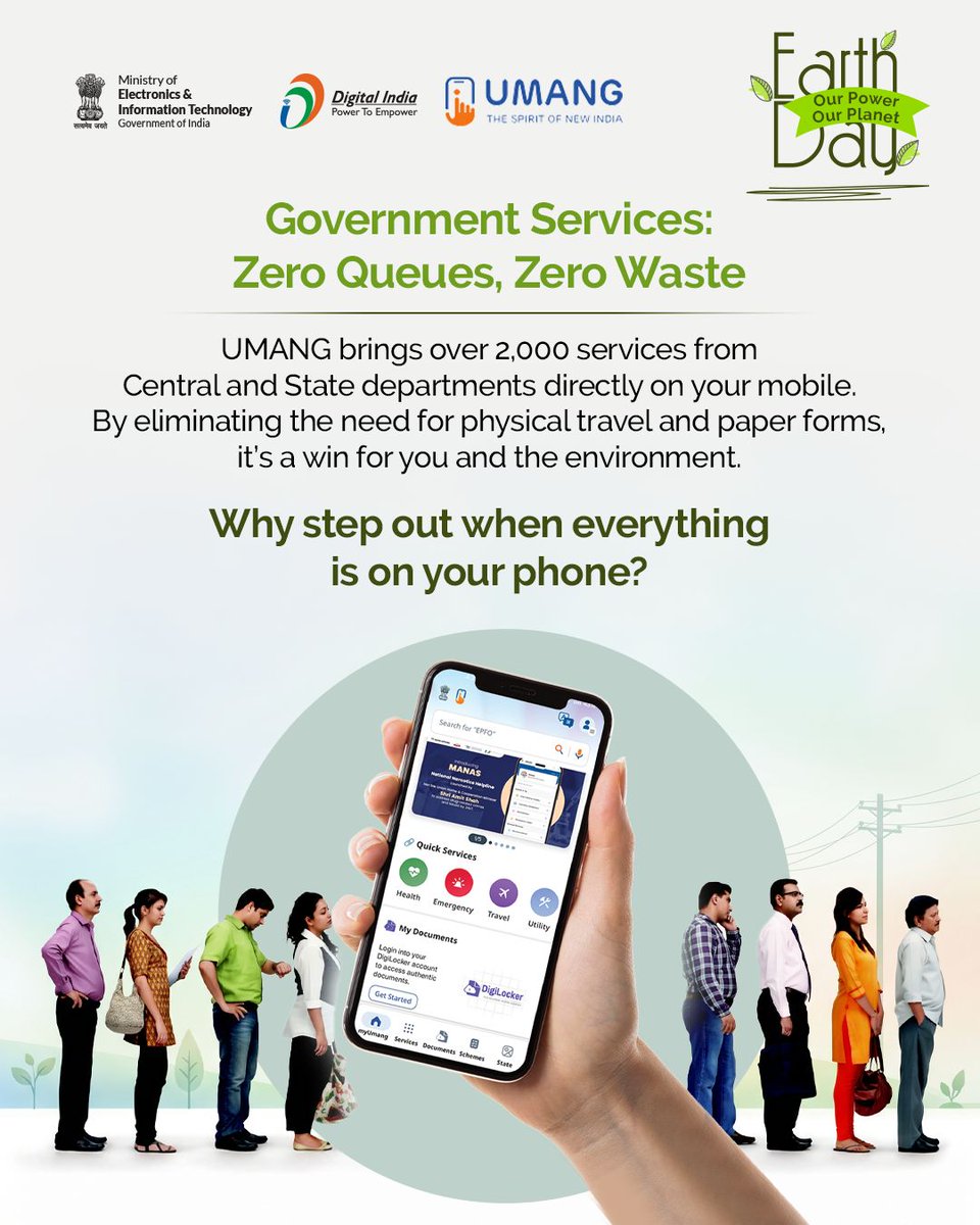 _DigitalIndia's tweet image. Why burn fuel for government work? 🚗💨

Use UMANG gives access to faster, smarter and greener governance at your fingertips.

#WorldEarthDay #DigitalIndia #GoGreen