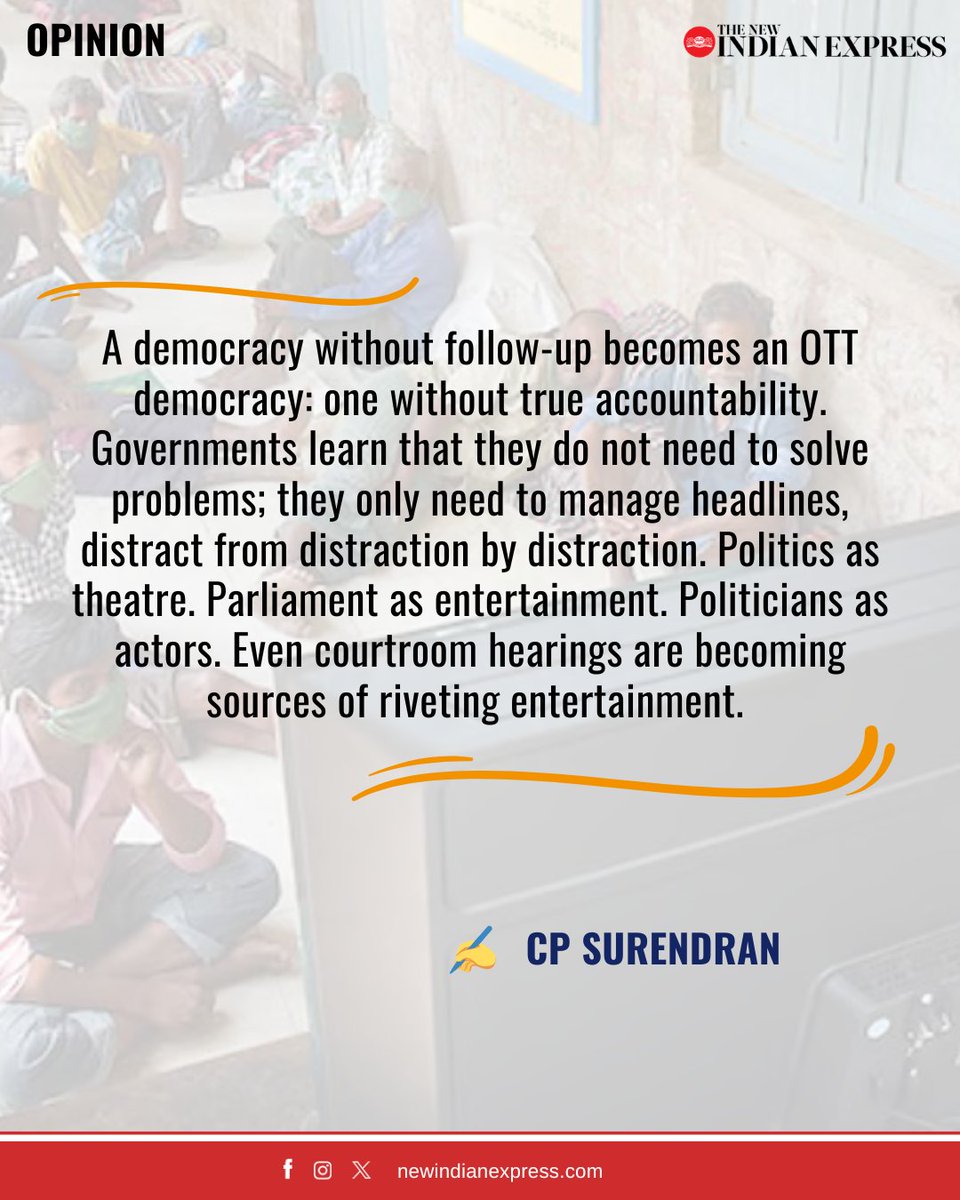 NewIndianXpress's tweet image. #OPINION | Every few weeks, India invents an episode of national emergency, followed almost immediately by national amnesia. We do it in the face of war, fuel shortages and economic uncertainty. We do it amid deprivation and death. This is the #OTT model of politics: the