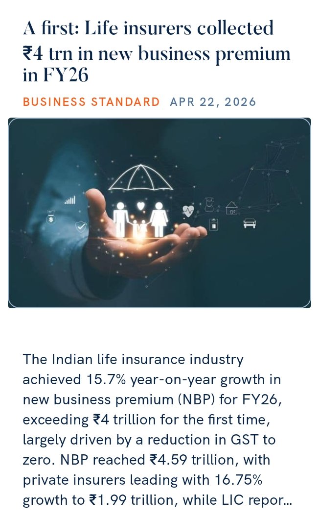 A first: Life insurers collected ₹4 trn in new business premium in FY26
business-standard.com/finance/insura… via NaMo App