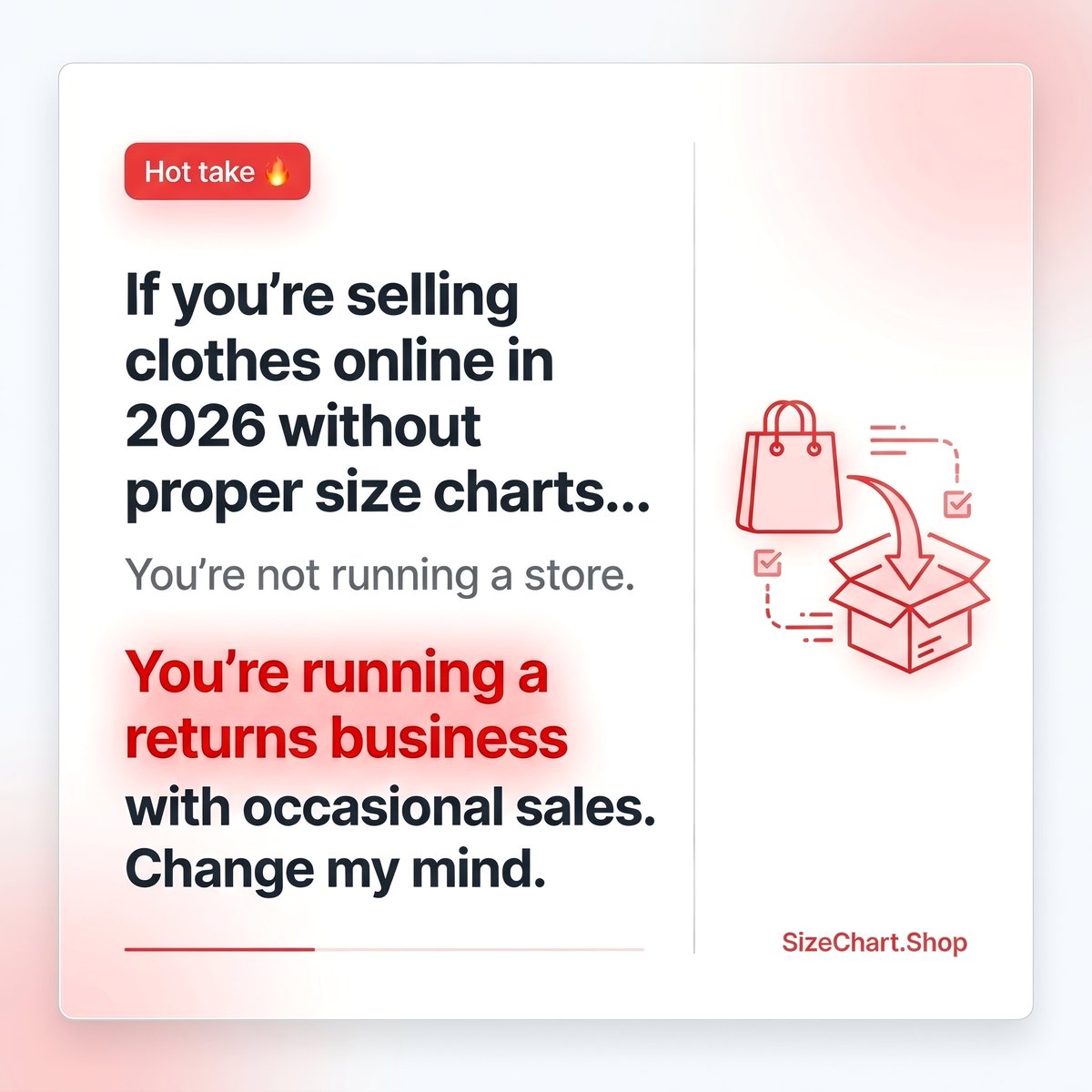 SizeChartMaker's tweet image. Hot take 🔥

If you’re selling clothes online in 2026 without proper size charts…

You’re not running a store.
You’re running a returns business with occasional sales.
Change my mind.

#HotTake #EcommerceTruth #SizeChartMaker