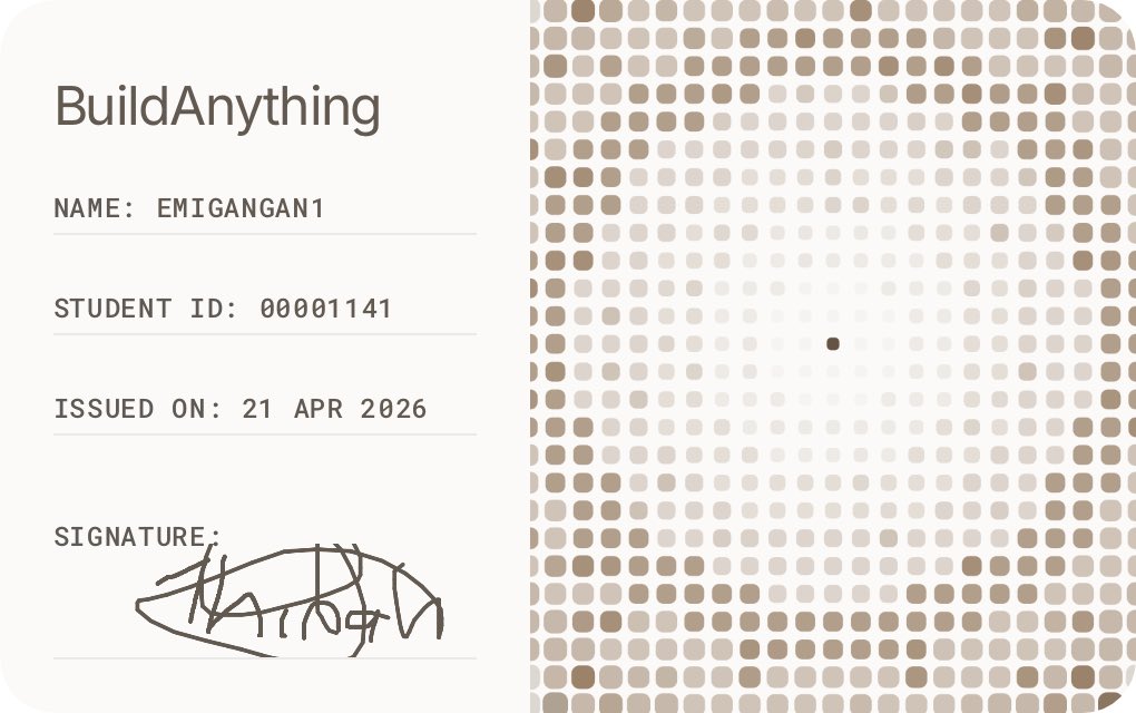 Just signed up for BuildAnything and got my student card 🎓

Join me to start building anything! 🚀 buildanything.so

<a href="/buildanythingso/">Build Anything</a> on <a href="/monad/">Monad</a>