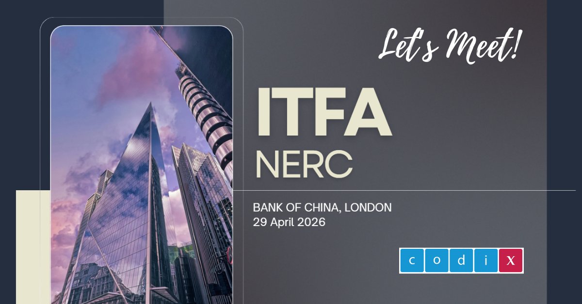 CODIX_SA's tweet image. The future of #trade #finance is being built now. Geopolitical shifts, new #regulations, and emerging markets.
Join #CODIX at @ITFAworldwide NERC 2026, 29 April, Bank of China #London. 
Let’s discuss #digital transformation, smarter risk, and scalable ops: codix.eu/en/events/itfa…