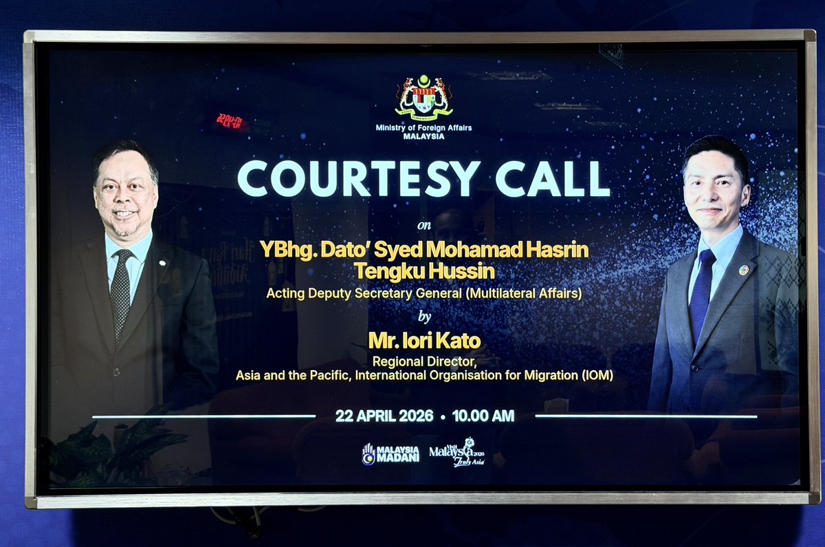 iori_IOM's tweet image. 🇲🇾Honored to call on H.E. Dato’ Syed Md Hasrin Tengku Hussin, Deputy Secretary General of @MalaysiaMFA at Putrajaya.

Grateful for #Malaysia’s continued partnership with @IOM_Malaysia on migration governance, labour mobility, resettlement, health, climate, anti-trafficking, etc🙏🏻