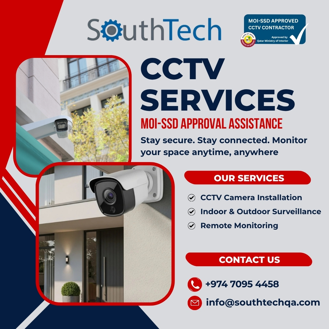 SouthTechQatar's tweet photo. Ensuring your safety with expert CCTV services! 
As an MOI-SSD approved contractor in Qatar, SouthTech offers:

Professional Installation
Remote Monitoring
MOI-SSD Compliance Assistance
Monitor your space anytime, anywhere.
📞 +974 7095 4458
📧 info@southtechqa.com

#CCTV #Qatar https://t.co/KnGBcDNw8V