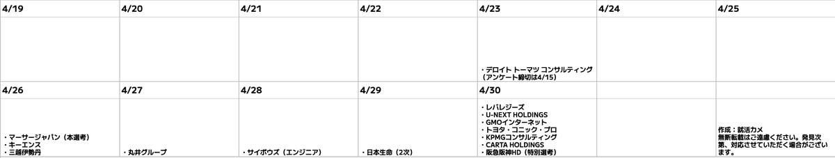syukatsukame's tweet photo. 4/23更新
【28卒インターン締切カレンダー】

4月〜5月の締切まとめました。28卒のサマーも徐々に本格化してきています。
6月になるとESラッシュで一気に忙しくなるので、今のうちから面接対策を進めておきましょう。

⬇️大手の選考に向けて面接の実践経験を積みたい人へ

OfferBoxを活用しましょう。

→プロフィールを埋めるとES免除スカウトが来ることあり
→いきなり面接に進めるので実践経験を積みやすい

とにかく回数をこなして、「話せる状態」を作るのが最優先。

↓OfferBox登録はこちら（無料）
https://t.co/NZIynCaUML

#pr