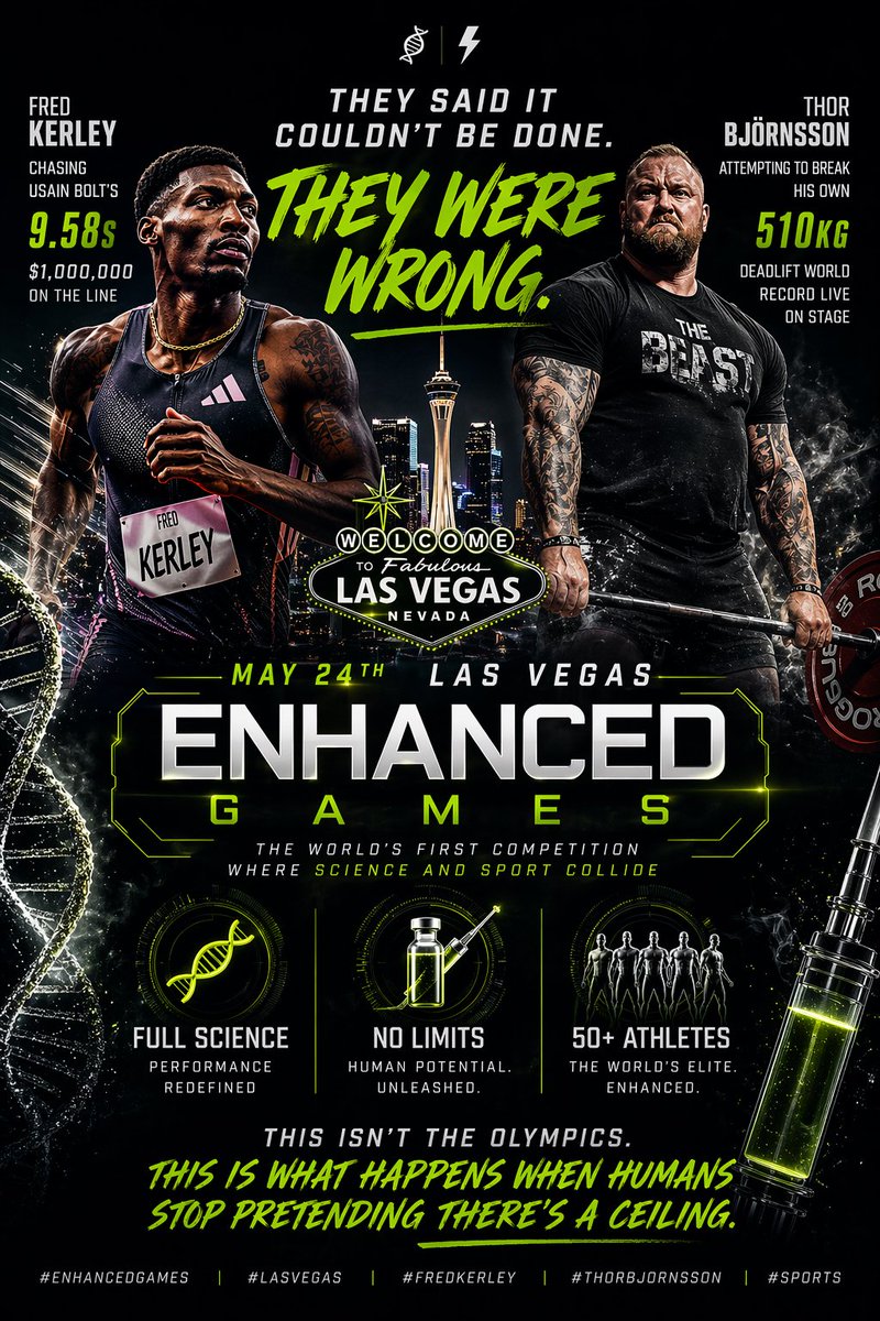 This is what happens when humans stop pretending there's a ceiling... 

Enhanced Games. May 24th 2026. Las Vegas. 

The world's first competition where science and sport collide with zero apologies.  

Fred Kerley is chasing Usain Bolt's 9.58s — with $1,000,000 on the line.