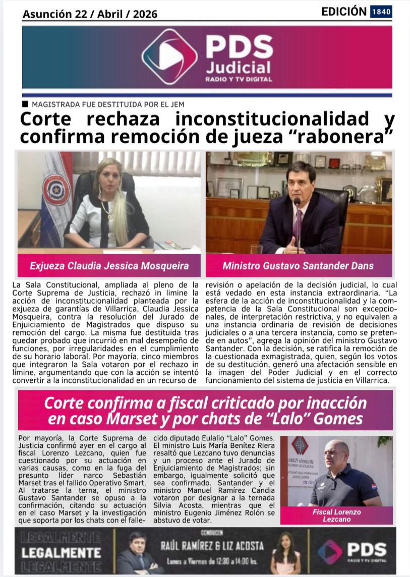 ¡Buenos días!

👇🏻Aquí las principales noticias de la #PortadaDigitalPDS📰

Leé toda la información judicial en: 🔗pdsdigital.com.py

#PDSDigital