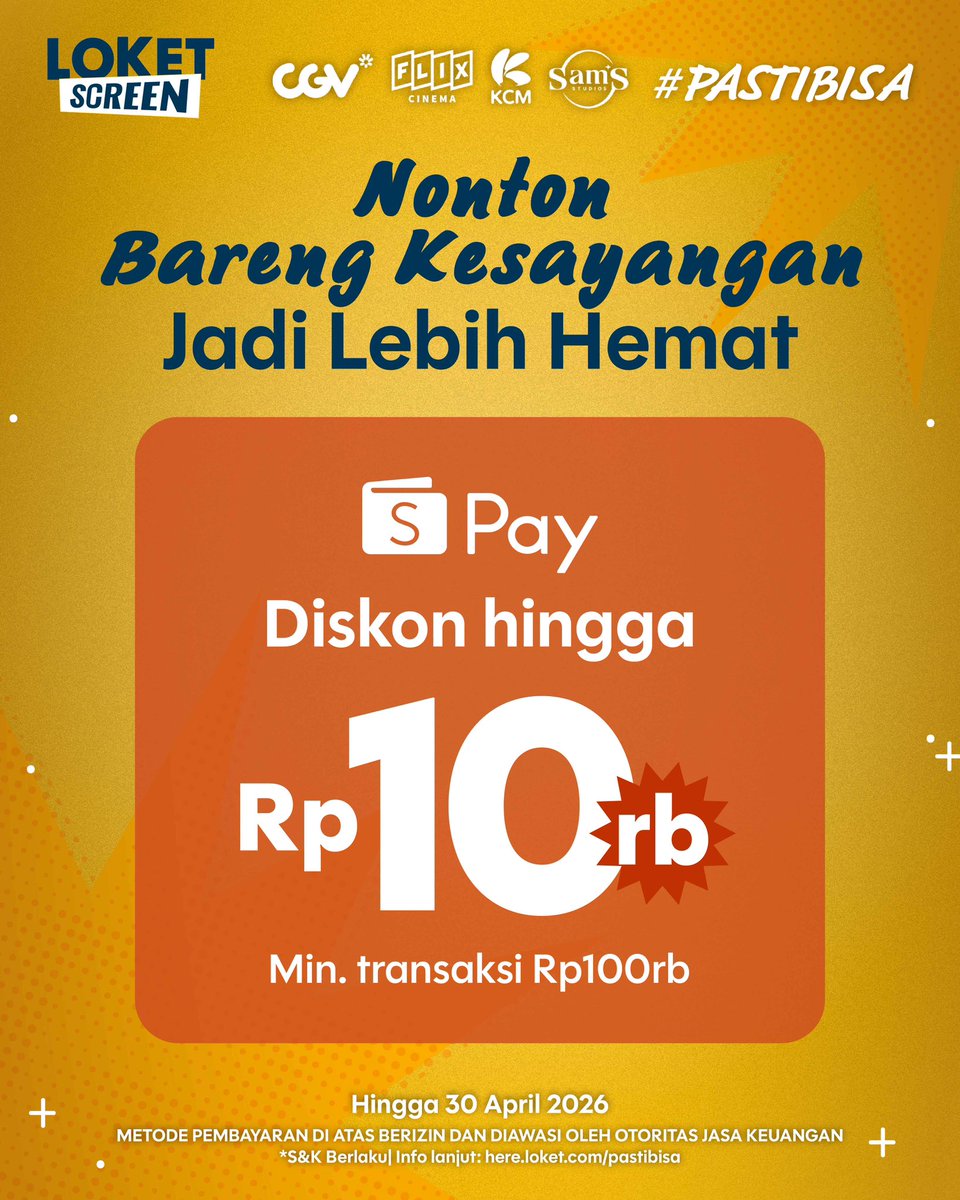 loketscreen's tweet image. #PASTIBISA dapetin promo spesial buat kamu yang bayar pakai @ShopeePay_ID di LOKET Screen ✨

Dapatkan promo DISKON HINGGA Rp10rb (min. transaksi Rp100rb)! Promo ini hanya berlaku sampai dengan tanggal 30 April 2026, aja! Yuk beli tiket nonton film di LOKET Screen dan bayar pakai