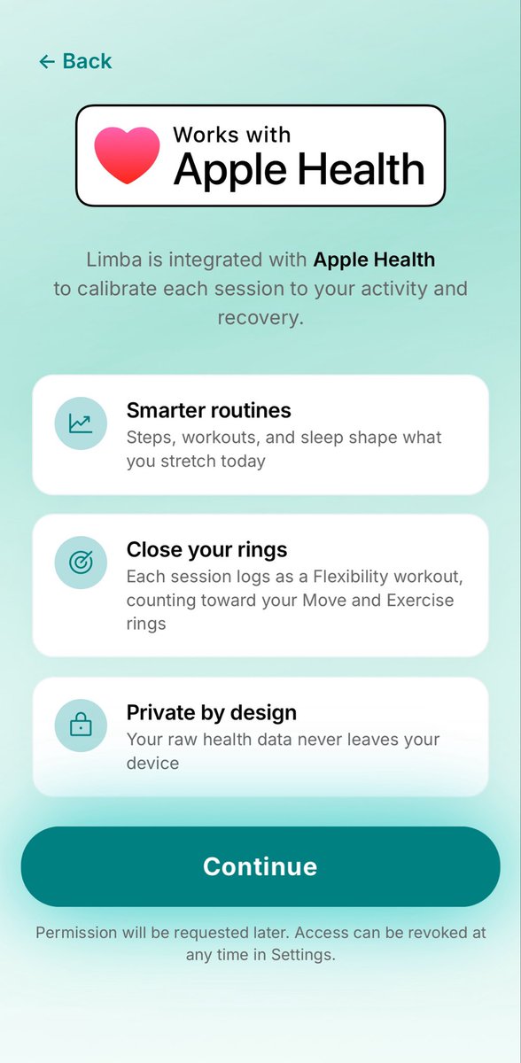 __Tiide's tweet photo. Something cool incoming for our iPhone users. Apple health integration is coming in the next release
Your sleep, steps, and workouts will shape what you stretch each day.
And most importantly every session will count toward your rings. 😉
#GetLimba #BuildInPublic #AppleHealth https://t.co/M6btTiutMI