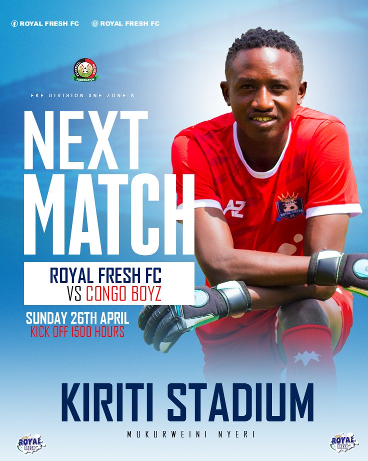 royalfreshfc's tweet photo. 🔜 UP NEXT

Royal Fresh FC 🆚 Congo Boyz FC
🗓 Sunday, 26th April 2026

📍 Kiriti Stadium
Home turf. Fresh energy.

The Milk Boys are ready. 🥛⚽🔥

#maziwanijamo #royalfreshfc #div1 https://t.co/mhUQpaO7Av