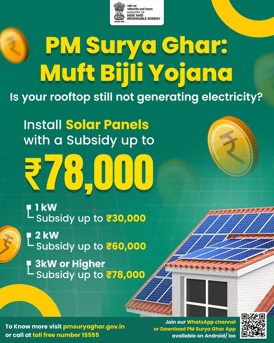 PMSuryaGhar's tweet image. Tap the Hidden Potential of Your Rooftop!

With PM Surya Ghar: Muft Bijli Yojana, turn your rooftop into a #CleanEnergy mini hub, save on electricity bills, &amp;amp; support a sustainable, self-reliant India.

#PMSuryaghar #Sustainable #SolarPower

@mnreindia @JoshiPralhad @shripadynaik