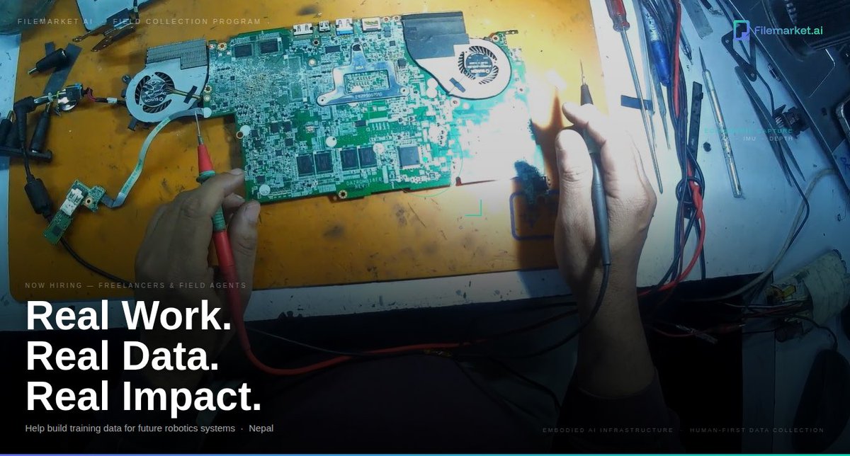 FileMarketAI's tweet image. We're hiring field agents in Nepal 🇳🇵

No tech skills needed.

Visit local workshops, carpenter shops &amp;amp; repair centers → help them record short task videos → earn flexible income.

DM us or email humanloop@filemarket.ai

#Hiring #Nepal #Freelance #AIJobs #Robotics