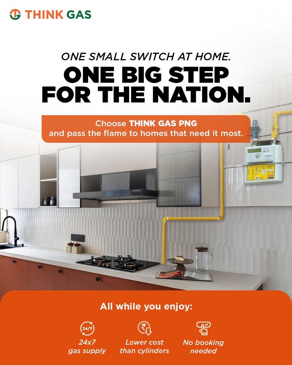 THINKGasIndia's tweet image. By choosing THINK Gas PNG, you are not just opting for a safer, more economical and uninterrupted fuel, you are helping extend access, improve lives and support a cleaner, more equitable India.

Because progress grows stronger when it is shared.
#THINKGas #PNG #KitchenEssentials