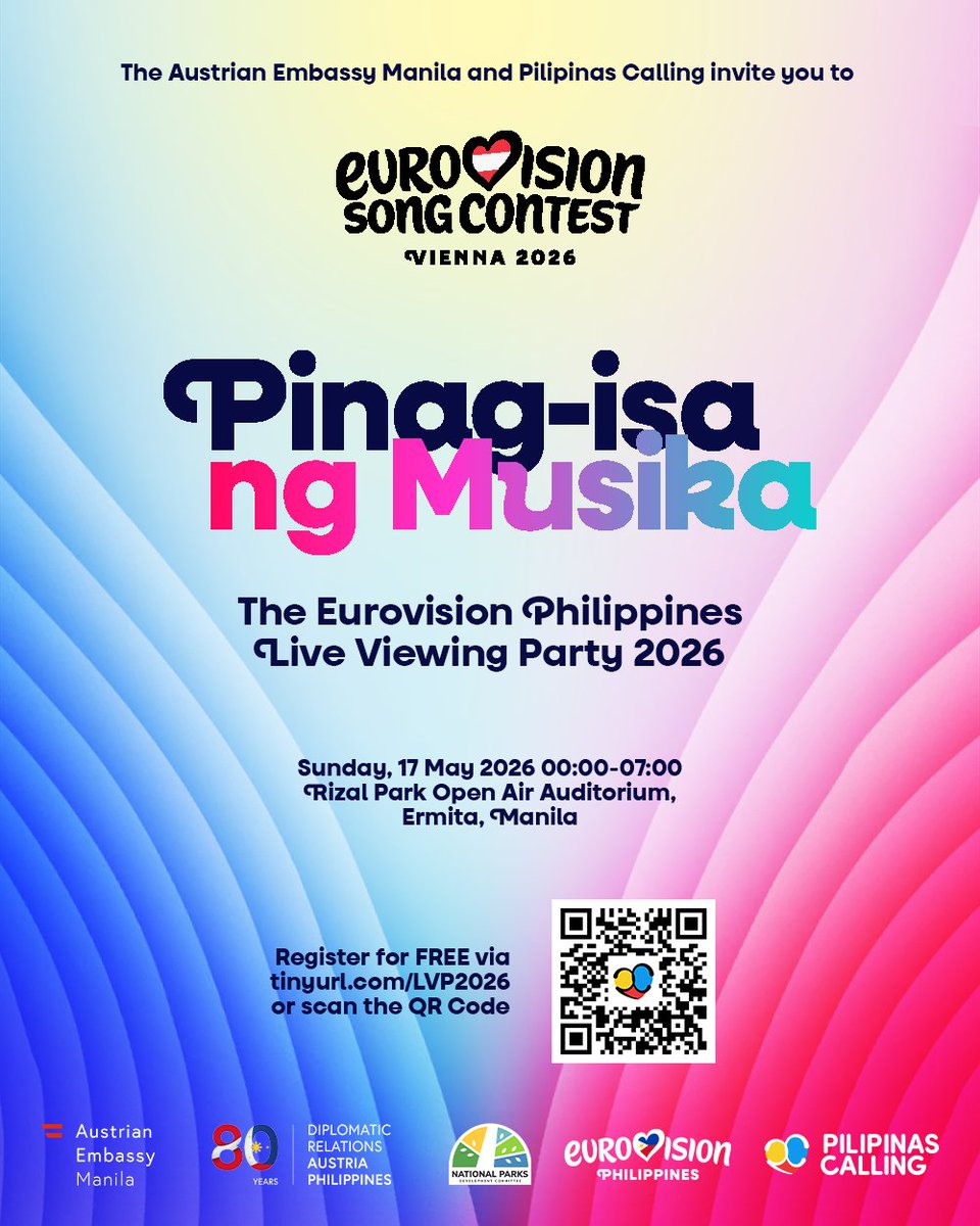 escphcalling's tweet photo. Pilipinas Calling, together with the Austrian Embassy Manila, with the support of the National Parks Development Committee, proudly presents:

𝙋𝙞𝙣𝙖𝙜-𝙞𝙨𝙖 𝙣𝙜 𝙈𝙪𝙨𝙞𝙠𝙖: 𝙏𝙝𝙚 𝙀𝙪𝙧𝙤𝙫𝙞𝙨𝙞𝙤𝙣 𝙋𝙝𝙞𝙡𝙞𝙥𝙥𝙞𝙣𝙚𝙨 𝙇𝙞𝙫𝙚 𝙑𝙞𝙚𝙬𝙞𝙣𝙜 𝙋𝙖𝙧𝙩𝙮 2026!

(1/4) https://t.co/eJrmC5S0TA
