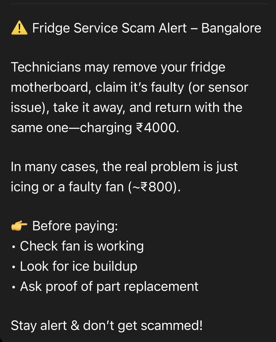 Chiragn2004's tweet image. Fridge service scam alert in Bangalore 🚨
I got scammed so be careful if u face icing problem then its definitely fan not working motherboards or sensor wont go easily #scam #bengaluru #fridge #service