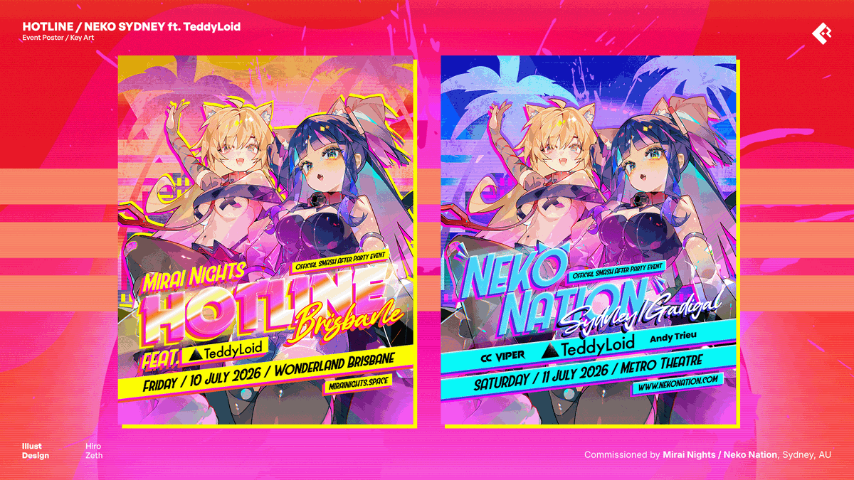 ZethZ161's tweet photo. Work // HOTLINE / NEKO SYDNEY feat. TeddyLoid // Event Poster + Key Art 

very rare that i get to do cool projects like this so went around and worked with some pretty cool stuff this time round! thanks @HiroChair for the beautiful art, as usual! https://t.co/8iFmBGLBYW