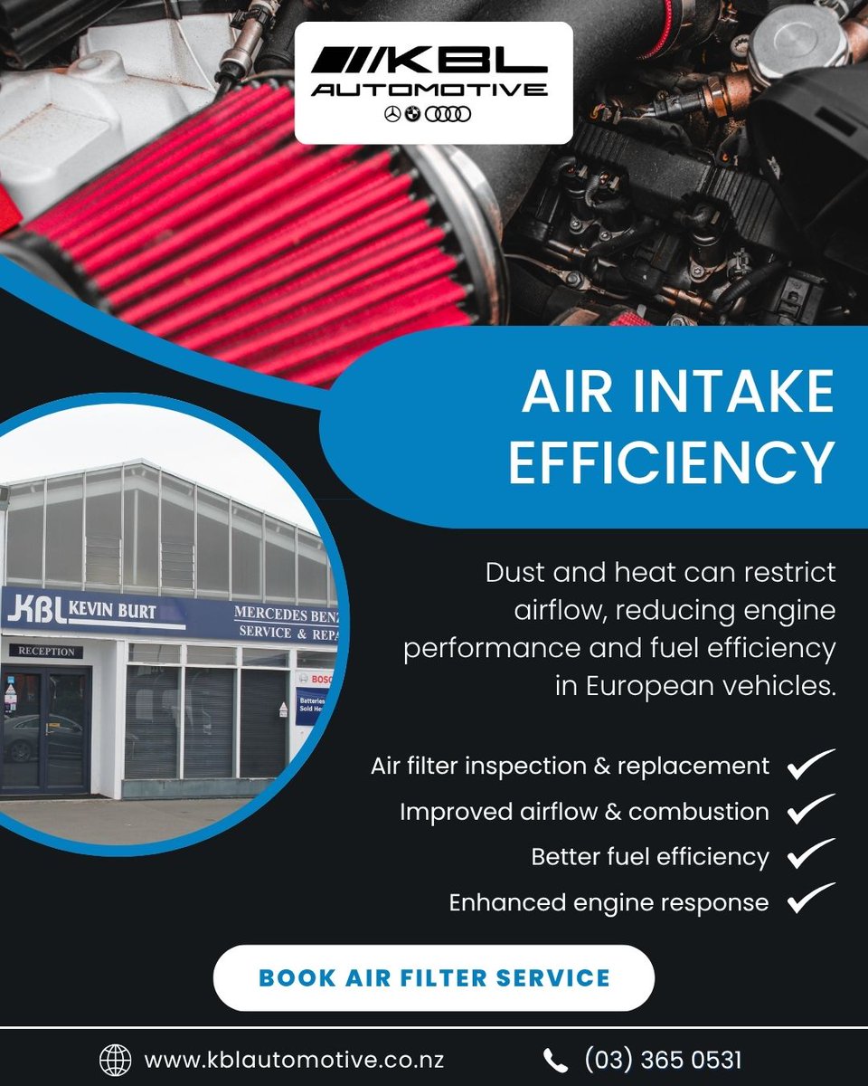 kblautomotivenz's tweet image. Dust and heat reduce air intake efficiency, affecting engine performance. We clean and replace air filters to maintain optimal airflow and combustion. 
📷 03 365 0531  kblautomotive.co.nz

.
#AirFilter #EngineEfficiency #EuroCarsNZ #ChristchurchGarage #BMWNZ #KBLAutomotive