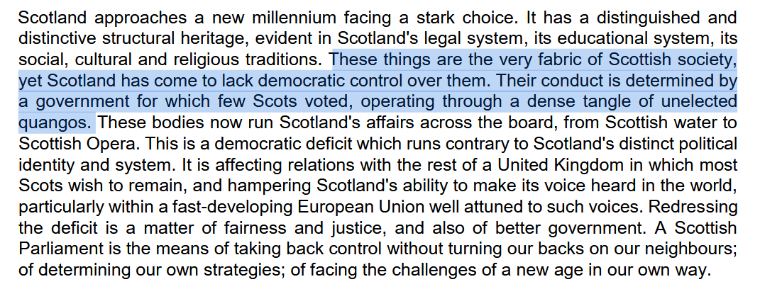darknessintheg1's tweet image. In the report ofThe Scottish Constitutional Convention titled "Scotland’s Parliament, Scotland’s Right" Nov 1995
Scotland's putative "Democratic Deficit" is framed as chiefly evidenced in the work of "unelected quangos" etc.

#Holyrood has changed this situation? 

What IS this