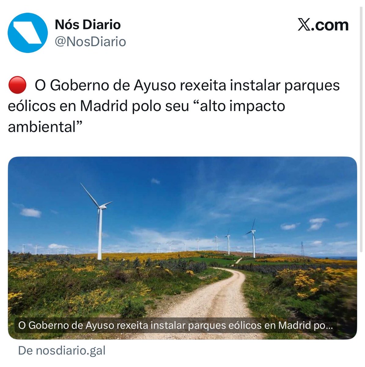 VientuNordes's tweet photo. No se pueden instalar parques eólicos en la Comunidad de Madrid por su alto impacto ambiental, pero sí se pueden instalar en León, en Zamora, en Asturias, en Cantabria o en Galicia, territorios donde por lo visto el impacto ambiental es asumible porque no pintamos nada. https://t.co/DZ4KKorV7W