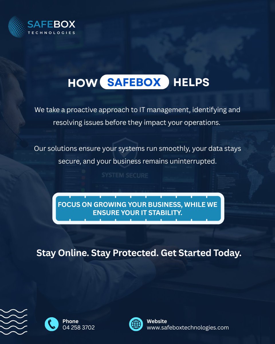 technologi22894's tweet image. Even a small IT disruption can hurt productivity and revenue. Safebox Technologies delivers proactive, secure IT solutions to prevent downtime and protect your data, so your business runs without interruption.

#SafeboxTechnologies #CyberSecurity #ITSupport #BusinessContinuity