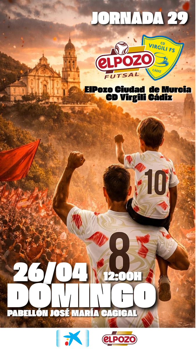 ElLegadoElPozo's tweet photo. 🔥 Partido vital para #ElPozoCiudaddeMurcia
🆚 @CDVirgiliCadiz 
📅 Domingo 26 de abril
⏰ 12:00 h
📍 Pabellón José María Cagigal
🎟️ ¡Entrada gratuita!

💥 ¡El equipo necesita tu apoyo!
#VamosElPozo @FutSalRFEF https://t.co/jSjhb2OJDu