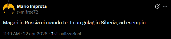 Non sono certo questi soggetti pavidi a farmi paura.
Però le autorità si dovrebbero decidere a stroncare lo scempio prodotto da questi fenomeni da baraccone. La loro presenza nei social è diventata intollerabile. Per loro ci vuole un DASPO specifico.
