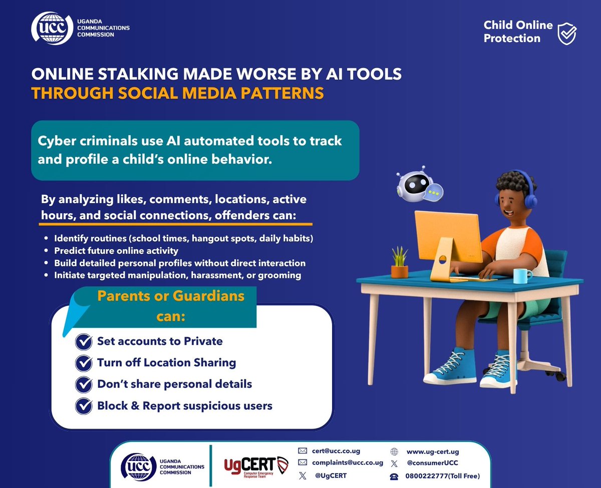 RachealMukalazi's tweet image. What your child posts online can be tracked, analyzed and used against them.
AI tools are helping cybercriminals predict routines and build profiles for manipulation or grooming.
Parents please take action
#DigitalSafety
#GoldenPosts 
@UCC_Official 
@MaamaKampala21