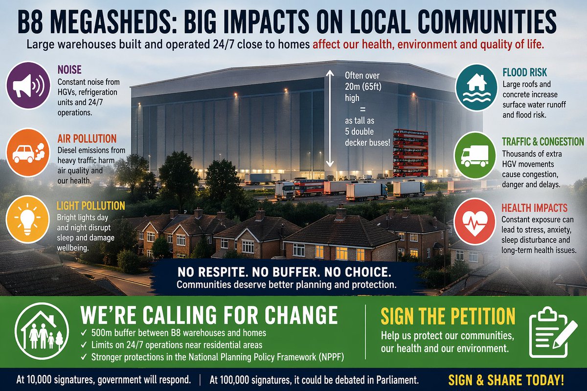 FriendsMoss's tweet image. We’re calling for a 500m buffer between B8 warehouses &amp;amp; residential areas, &amp;amp; limits on 24/7 operation. These huge developments bring financial, health &amp;amp; environmental impacts to communities.

💚Please Sign &amp;amp; Share: 💚petition.parliament.uk/petitions/7648…

#Planning #Communities #Environment