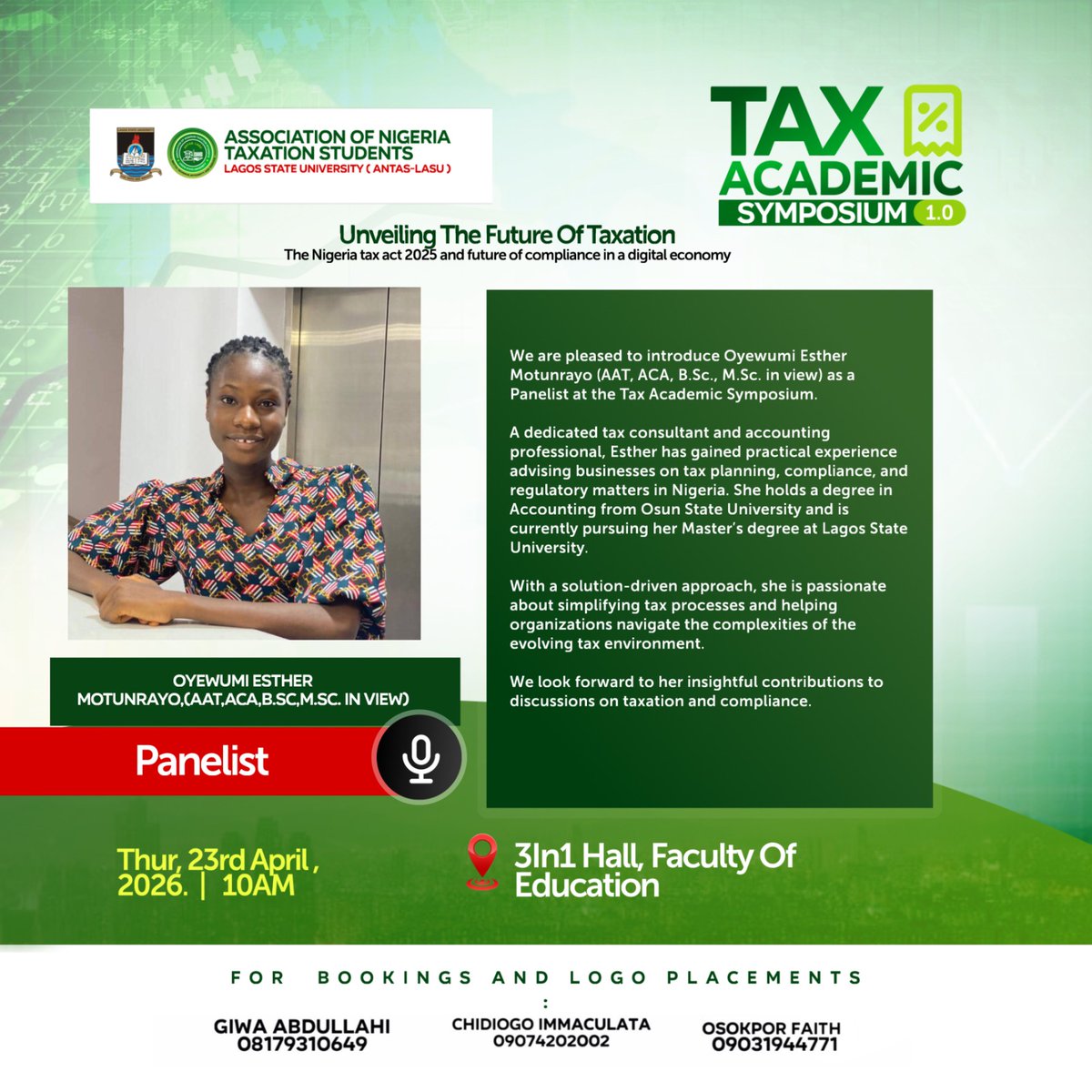AntasLasu's tweet photo. We are pleased to introduce one of our Panelists for the Tax Academic Symposium 1.0

🎤 Oyewumi Esther Motunrayo (AAT, ACA)

A dedicated tax consultant and accounting professional with hands-on experience in tax planning, compliance, and regulatory advisory in Nigeria. https://t.co/4BW2OEThnX