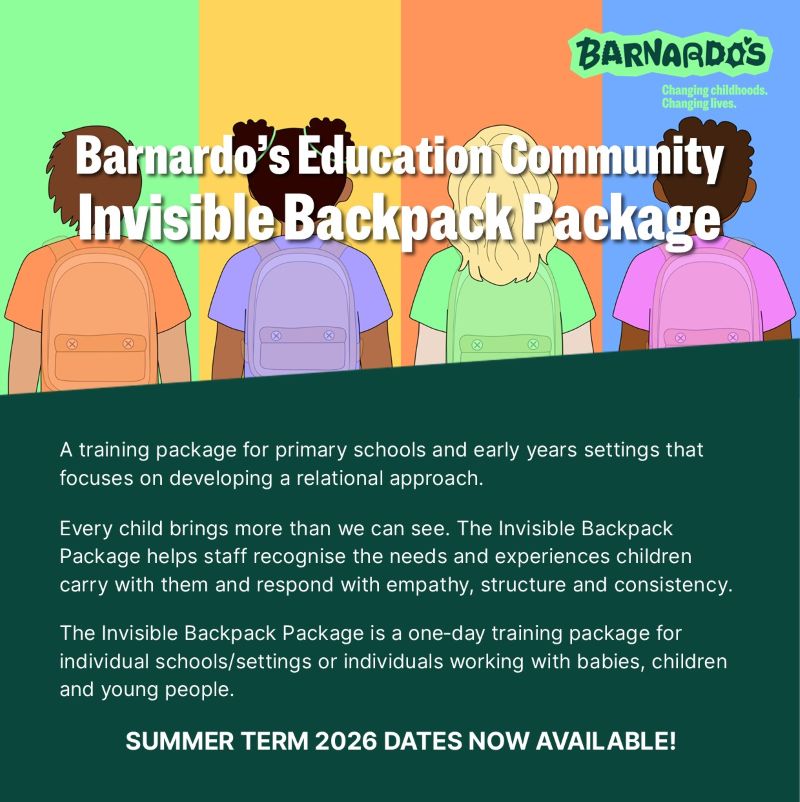 BarnardosEduCom's tweet image. What if staff had the time, structure and language to talk about what children are carrying - not just what they’re presenting?

That’s what the Invisible Backpack Package is all about.

 🔗educators-barnardos.org.uk/training-offer… 

#WholeSchoolChange #EduTwitter #Educators #SchoolStaff #CPD