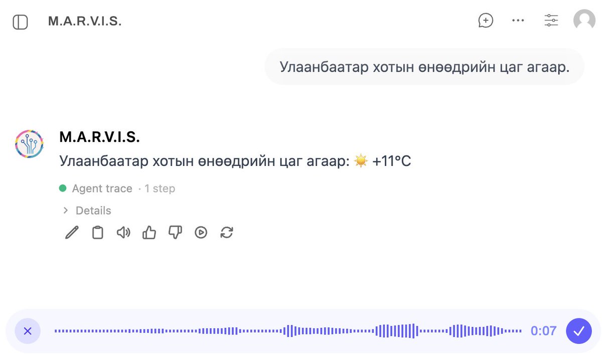 bilgee_bayaraa's tweet photo. Small Language Model-г өөрсдийн датан дээр нэмэн сургаж, дотоод хэрэгцээнд ашиглах боломжтой болгов. Нэр нь — #MARVIS 🙂
✔️ Хязгааргүй хэрэглээ
✔️ Илүү найдвартай security
✔️ Монгол аудиог бичвэр болгоно
✔️ Local орчинд ажиллана (Mac Mini байхад хангалттай) #AI #ASSISTANT #JARVIS https://t.co/P3IQppMs4G