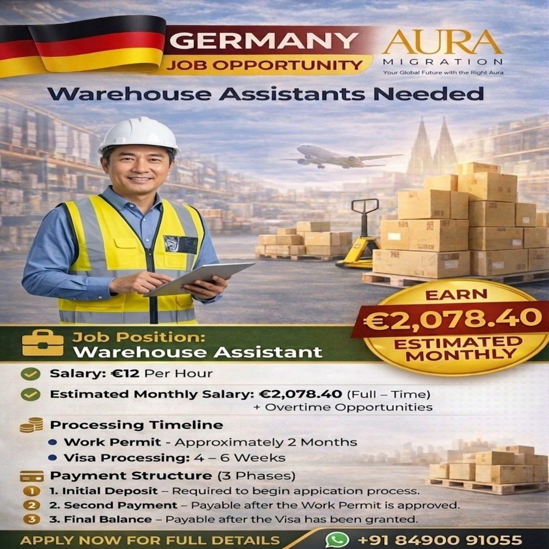 AuraMigration's tweet image. 🇩🇪 Germany Job Opportunity – Start Your Career Abroad! ✈️

👷‍♂️ Job Position: Warehouse Assistant

📞 Contact Now: +91 84900 91055

#GermanyJobs #WorkInGermany #JobsInGermany #WorkAbroad #AhmedabadVisa #EuropeJobs #OverseasJobs #CareerAbroad #DreamAbroad #ApplyNow #AuraMigration