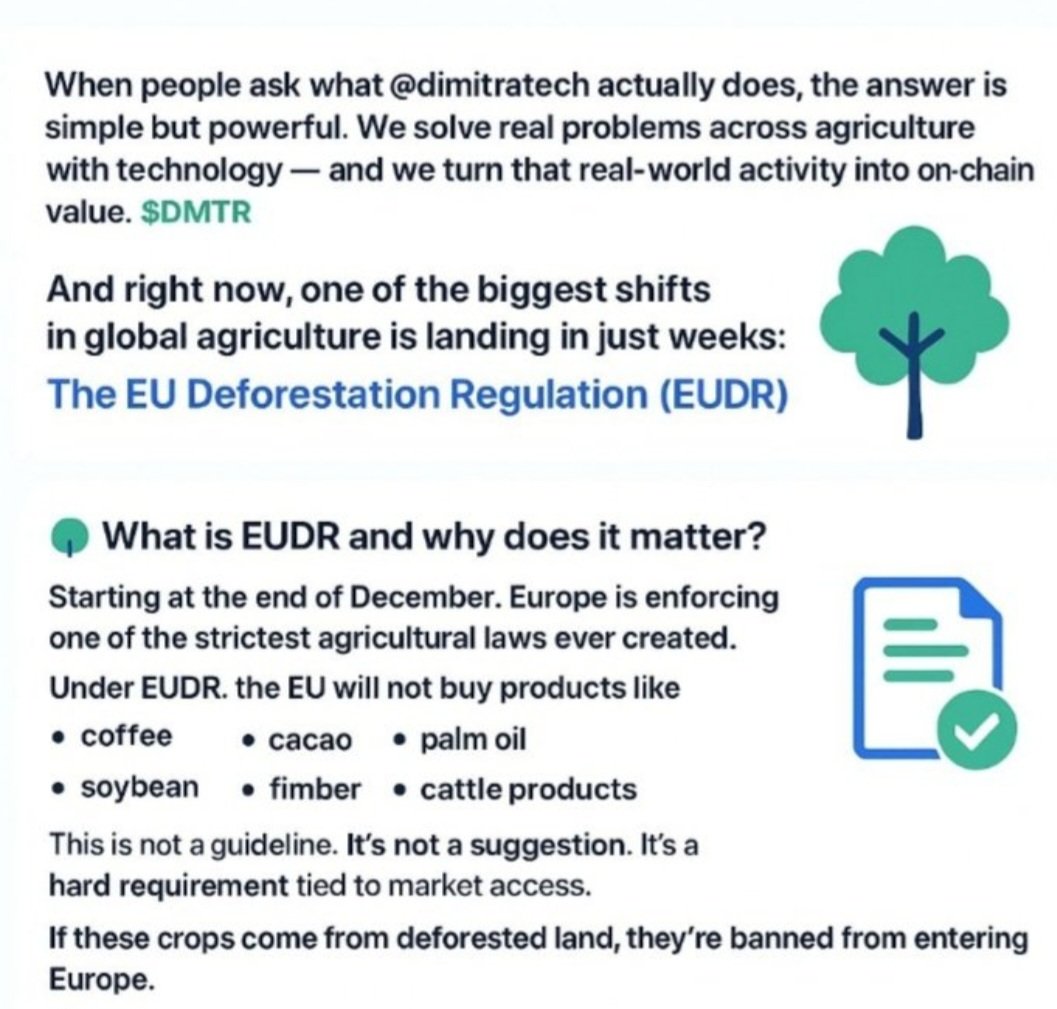 tagwireyih's tweet image. $DMTR Dimitra is pioneering #EUDR compliance with #Agritech tools.

Smooth farm-to-export traceability, satellite deforestation monitoring, #AI-driven automated reporting, risk mitigation &amp;amp; #blockchain verification. 

A game-changer for sustainable agriculture @dimitratech🌍
$BTC
