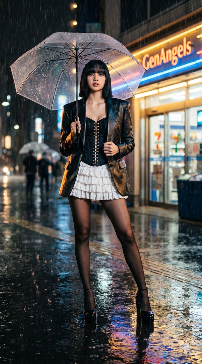 AFantagirl85190's tweet image. #Lisa #nanobananapro #GrokAI #CinematicAI #AIModel #FreePrompts:

A breathtaking full-length editorial fashion portrait capturing a poised urban muse in a strictly centered composition within a cinematic, rain-soaked night streetscape. Her signature raven bob with blunt bangs