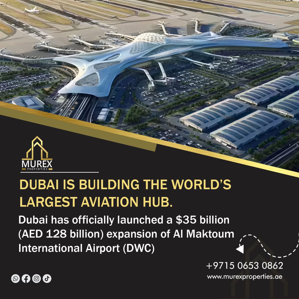 MurexProperties's tweet photo. 𝐃𝐮𝐛𝐚𝐢 𝐢𝐬 𝐛𝐮𝐢𝐥𝐝𝐢𝐧𝐠 𝐭𝐡𝐞 𝐰𝐨𝐫𝐥𝐝’𝐬 𝐥𝐚𝐫𝐠𝐞𝐬𝐭 𝐚𝐯𝐢𝐚𝐭𝐢𝐨𝐧 𝐡𝐮𝐛.

Dubai has officially launched a $35 billion (AED 128 billion) expansion of Al Maktoum International Airport (DWC) — a project that will redefine global aviation infrastructure. https://t.co/ba8hcfLL5O