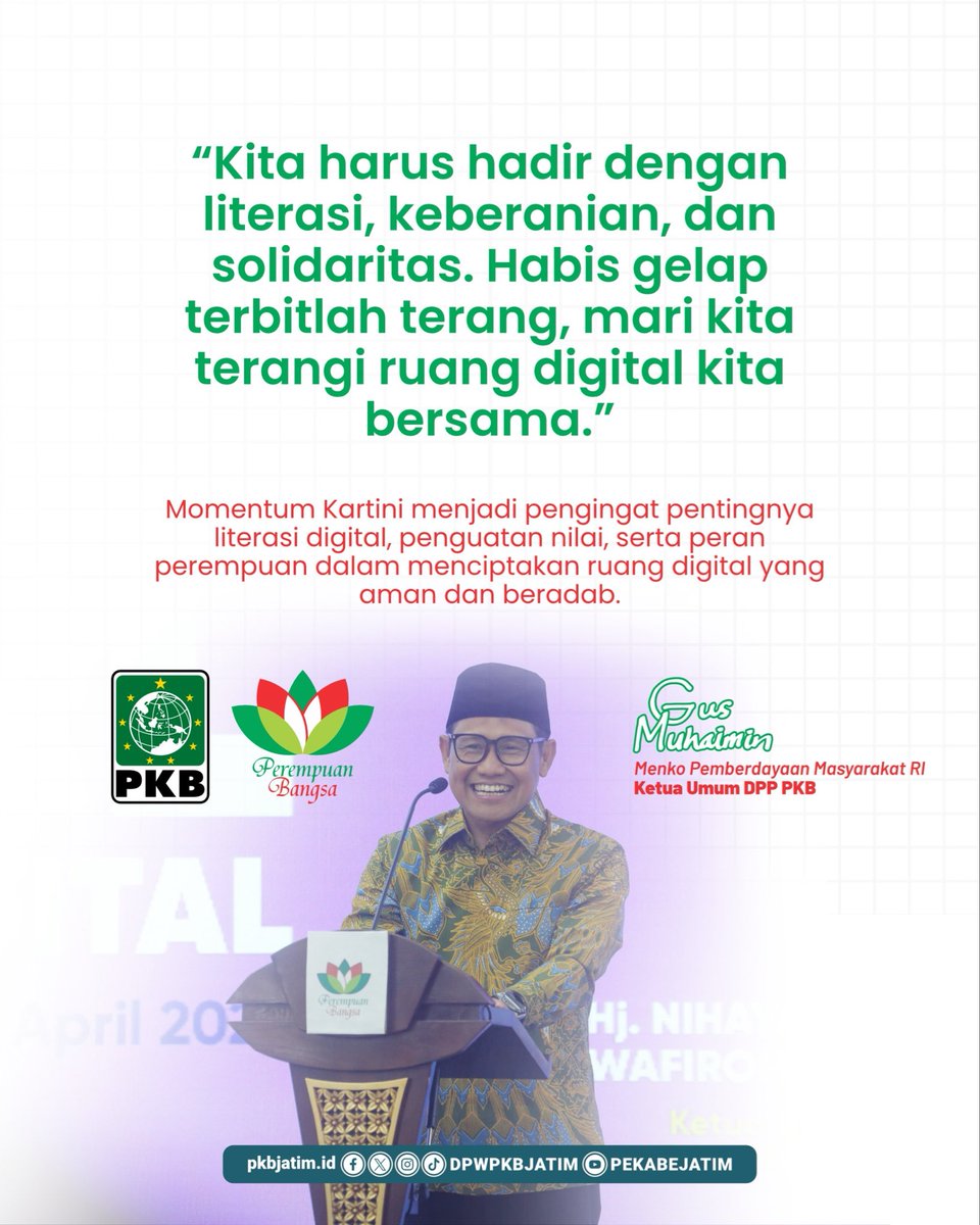 Kartini di Era Digital: Perempuan Harus Siap &amp; Berdaya 💻✨

Perempuan hari ini bukan hanya pengguna, tapi juga penggerak perubahan di era digital.

“Perempuan kuat, digital aman, masa depan lebih cerah.” 🌱

#HariKartini #SobatDigital #LiterasiDigital #DPWPKBJatim