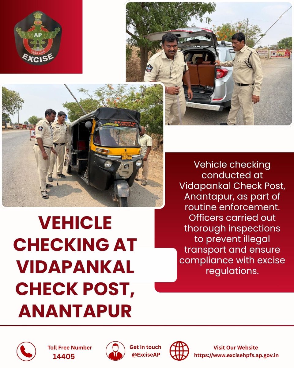 exciseAP's tweet image. 🚧 Vehicle checking at Vidapankal Check Post, Anantapur

👮‍♂️ Routine enforcement in action
🚛 Thorough inspections conducted
🚫 Preventing illegal transport
📋 Ensuring compliance with excise regulations
#ExciseEnforcement #VehicleChecking #Anantapur #Compliance #LawEnforcement