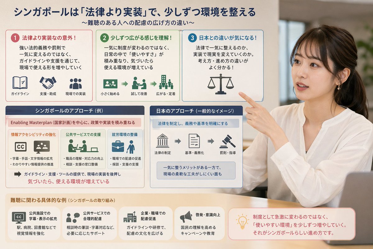 hyurebo's tweet photo. シンガポールは、日本のように一つの包括的な法律で整理するというより、政策や実装を積み重ねて環境を整えていく進め方が特徴だと感じることがあります。

中心になるのが、Enabling Masterplanと呼ばれる国家計画で、情報アクセシビリティの強化や公共サービスでの支援、就労環境の整備などが段階的に進められています。

難聴に関わる部分でいうと、公共施設での情報保障や字幕などの視覚情報の拡充、雇用の場面での配慮の促進など、日常に近い領域で少しずつ環境が整えられている印象です。

特徴的なのは、強い法的義務で一気に変えるというより、ガイドラインや支援を通じて実装を広げていく点です。罰則ベースというよりも、現場で使える形を増やしていく進め方に近いです。

その結果、制度として急激に変わるというより、気づいたら使える環境が増えているという形で広がっていくことが多いです。

法律で一気に整えるのか、実装で現実を変えていくのか、その違いとして見ると分かりやすいと思います。

① 法律より実装なの意外
② 少しずつ広がる感じ理解した
③ 日本との違い気になる

#障害者支援 #難聴 #海外制度 #ブルバ100 ブルバじゃない人も歓迎です！！
