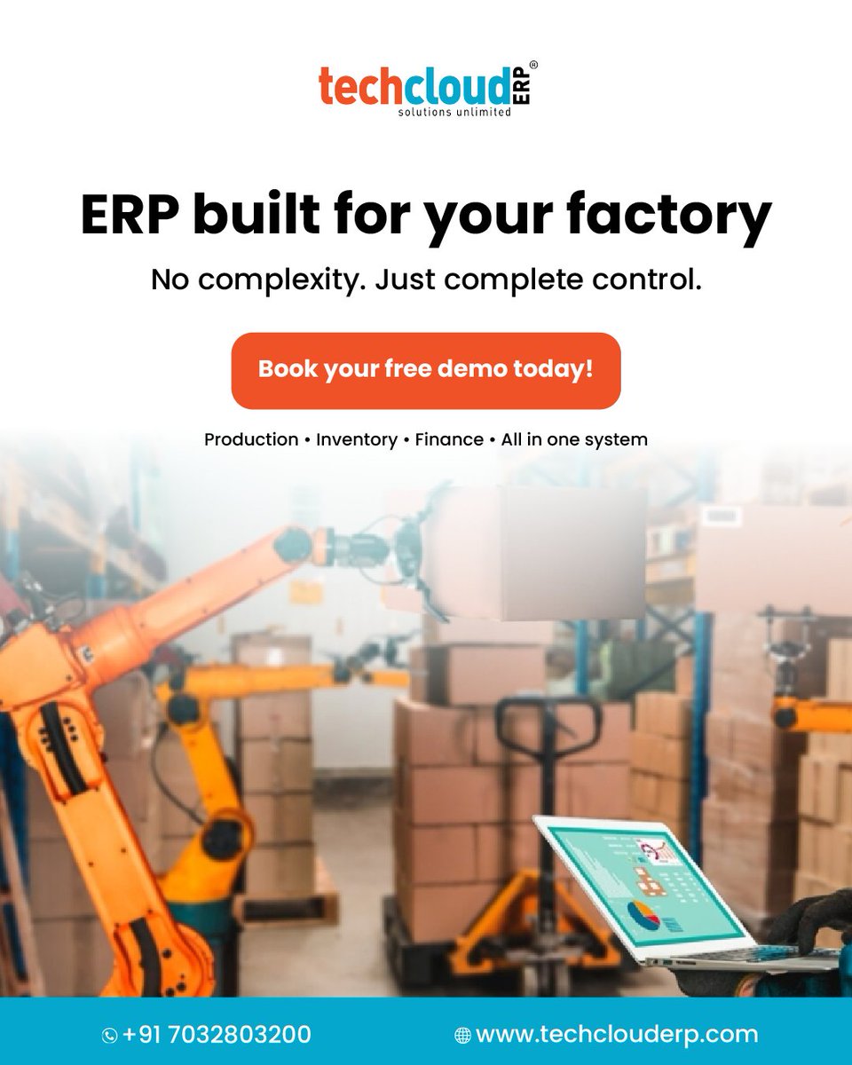 TechCloudERP's tweet photo. Managing your factory is easier when everything is connected.

Get a FREE demo now!
📞 Call us: +91 7032803200

#techclouderp #bestERP #FactoryManagement #ProductionControl #InventoryManagement #ManufacturingERP #IndustrialAutomation #TechInManufacturing #xtrend #xgrowth #India https://t.co/JR2Q4qRYyM