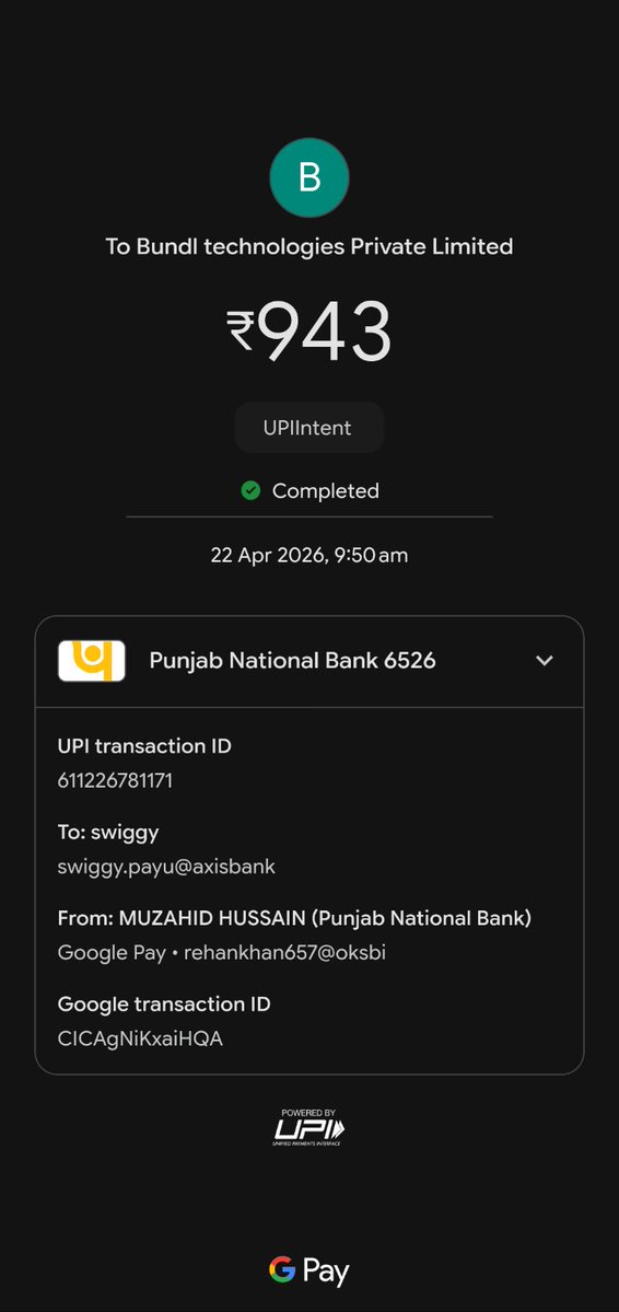 MuzahidWrites's tweet image. @SwiggyCares I have successfully paid ₹943 for registration via UPI, but my registration is still not updated and shows incomplete.
UPI ID: 611226781171
Date: 22 Apr 2026, 9:50 AM
Please resolve this issue urgently. Screenshot attached. #Swiggy #Support