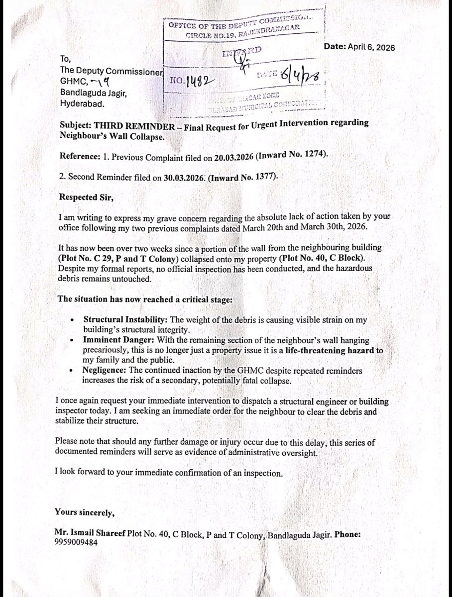 ShareefIsm74170's tweet image. 🚨 NEGLIGENCE ALERT

Collapsed wall still unattended despite 3 complaints in Bandlaguda Jagir.

⚠️ Serious danger to life.

Authorities will be responsible if anything happens.

Act NOW.

📞 9959009484

#Hyderabad #GHMC