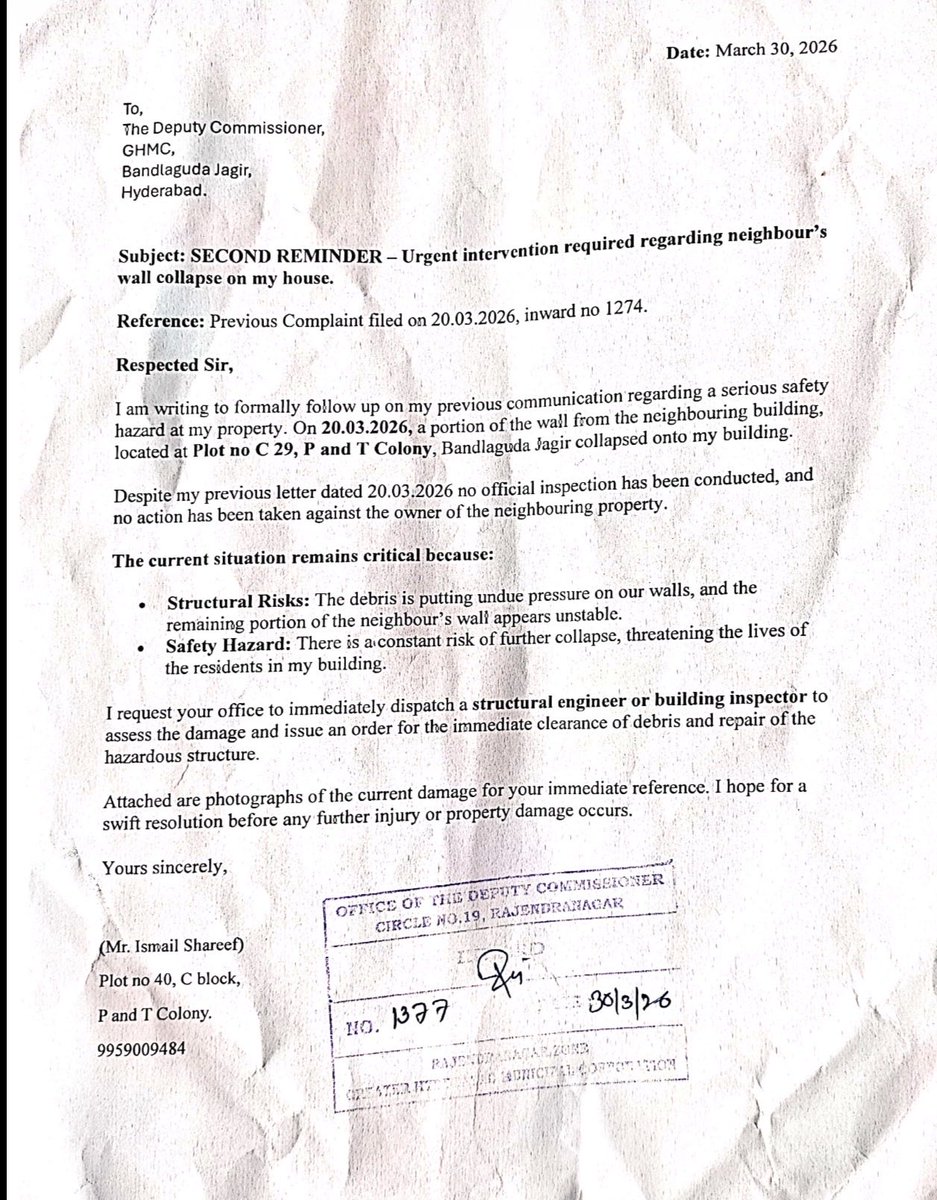 ShareefIsm74170's tweet image. 🚨 NEGLIGENCE ALERT

Collapsed wall still unattended despite 3 complaints in Bandlaguda Jagir.

⚠️ Serious danger to life.

Authorities will be responsible if anything happens.

Act NOW.

📞 9959009484

#Hyderabad #GHMC